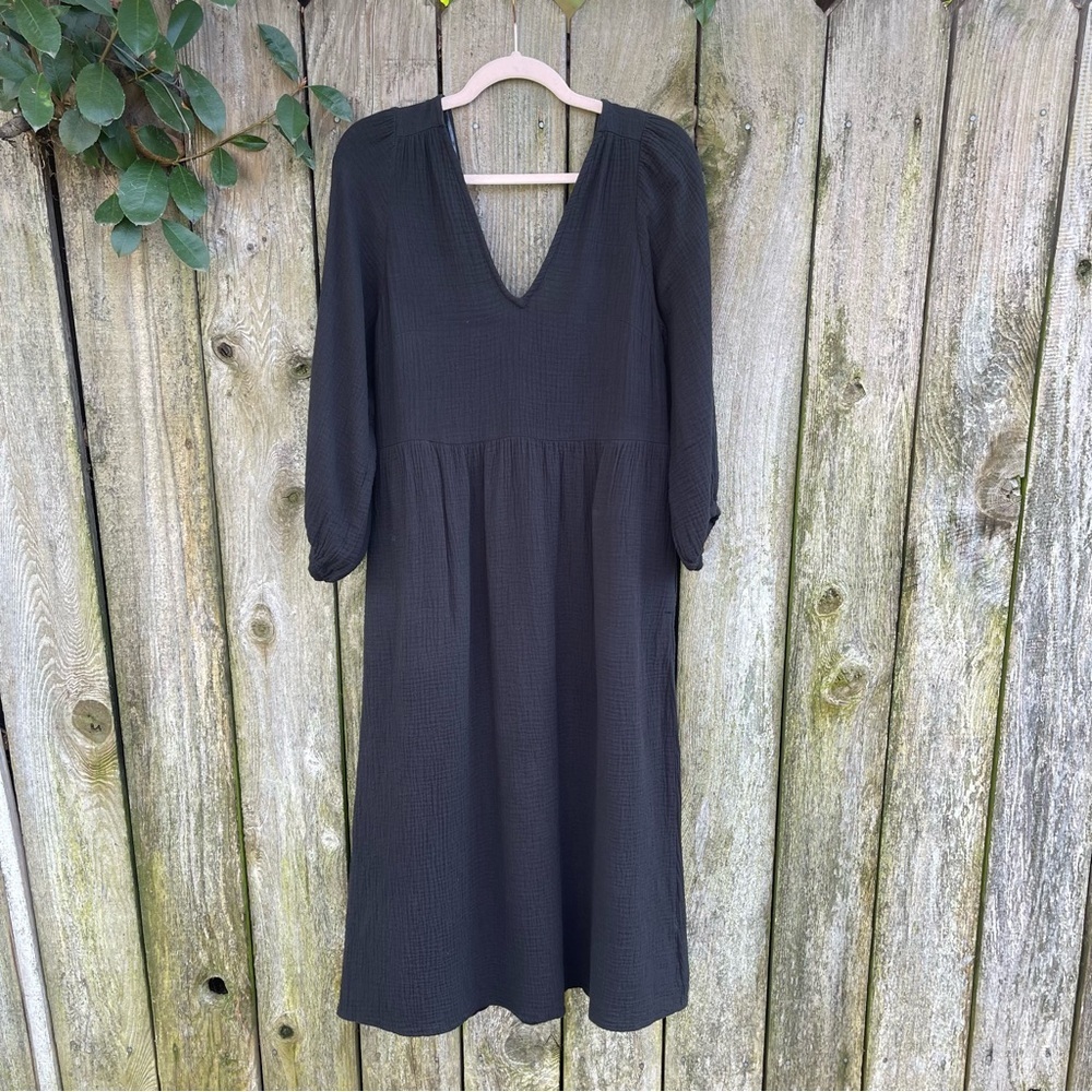 Madewell Black Gauze 100% Cotton V-Neck Midi Dress Size Medium